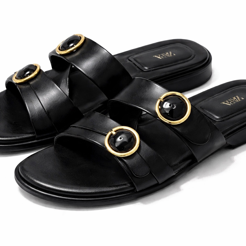 Zara Black Slides with Gold Accents